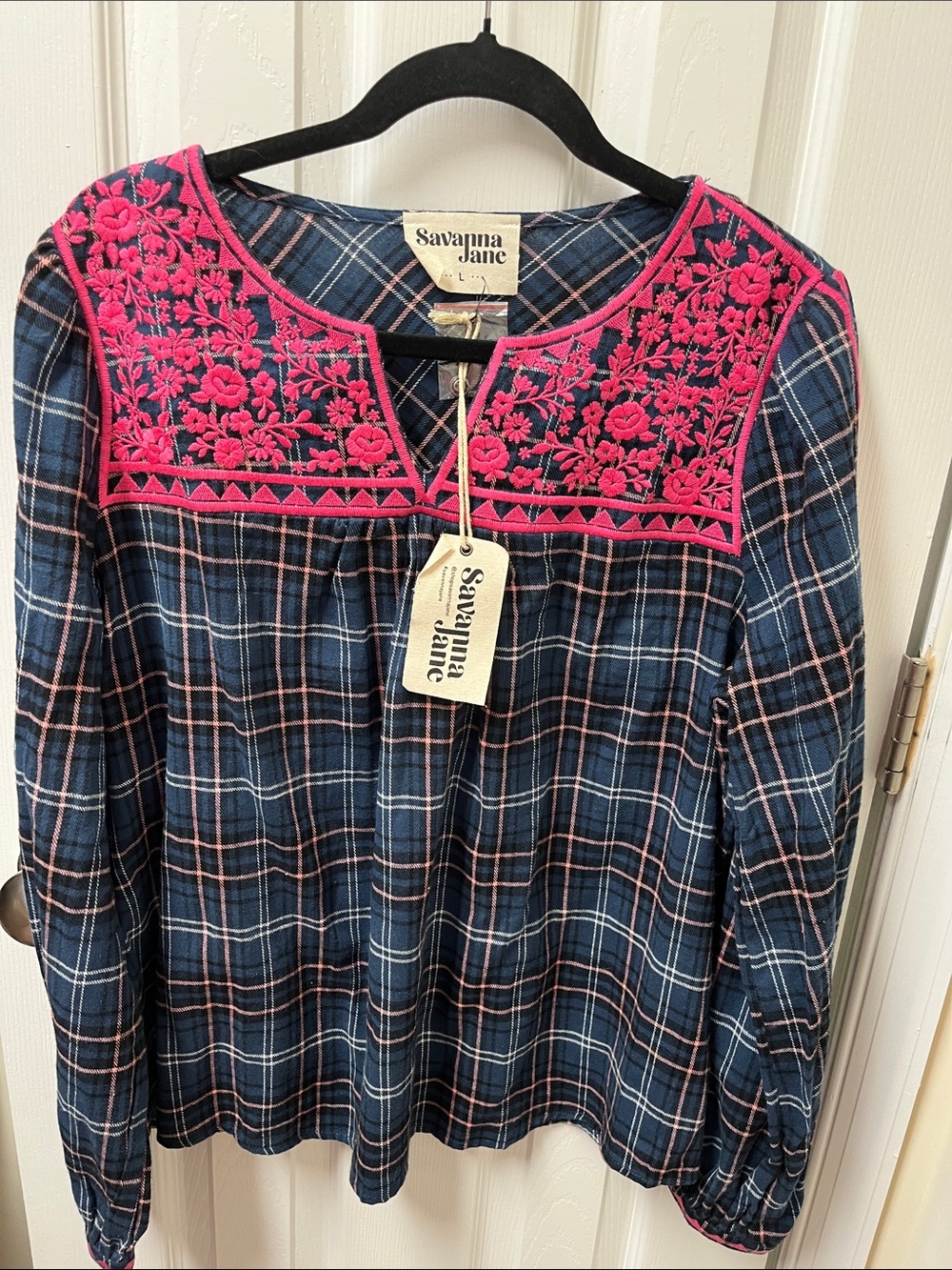 Savanna Jane Navy Plaid Top with Hot Pink Floral Embroidered Yoke